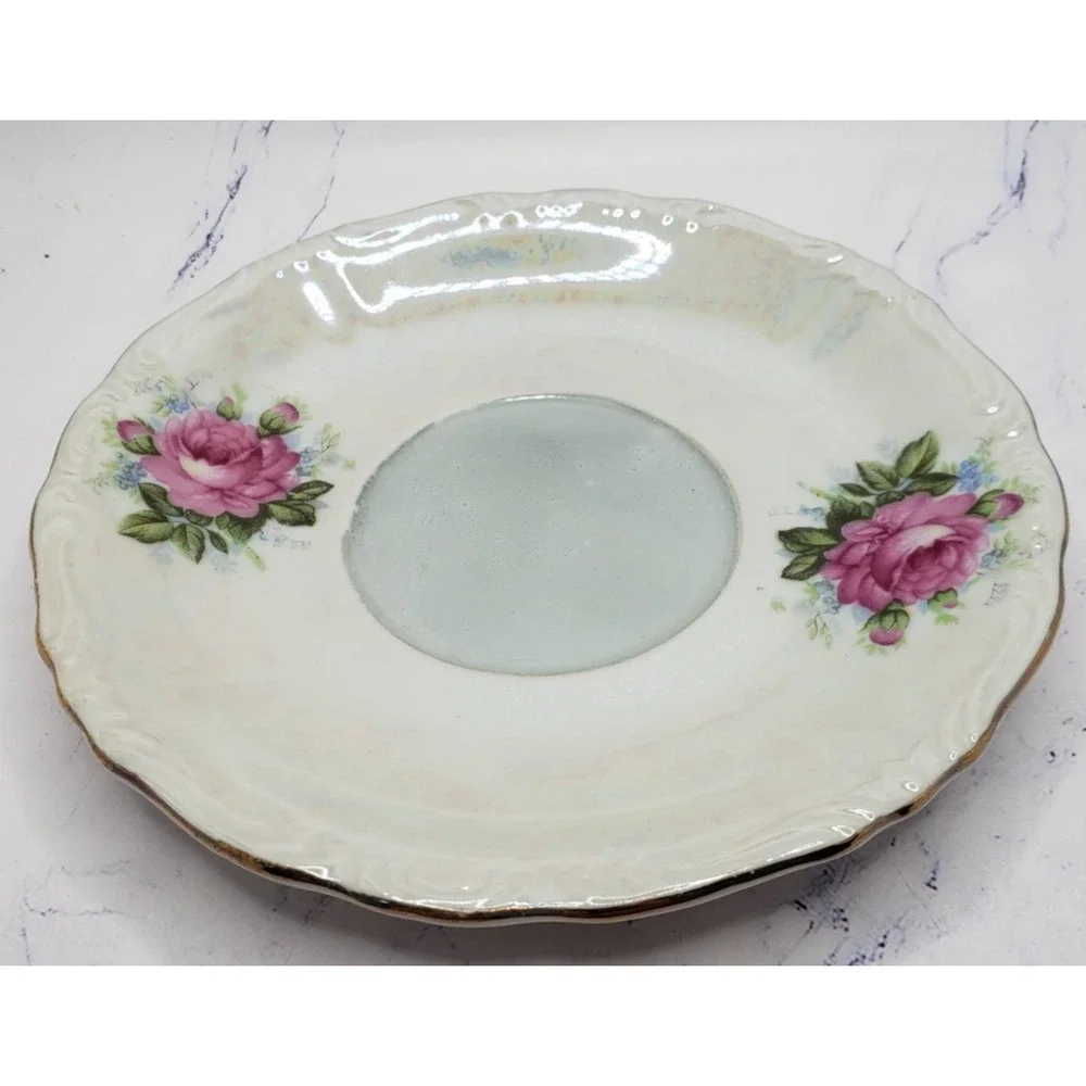 Porcelain Lusterware Pink Rose With Gold Trim Footed Teacup & Saucer Set